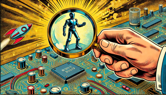 Golden age sci-fi style comic book art of a human hand holding a magnifying glass over a humanoid silver robot standing on a circuit board